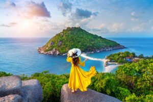 beautiful girl standing on viewpoint at koh nangyuan island near